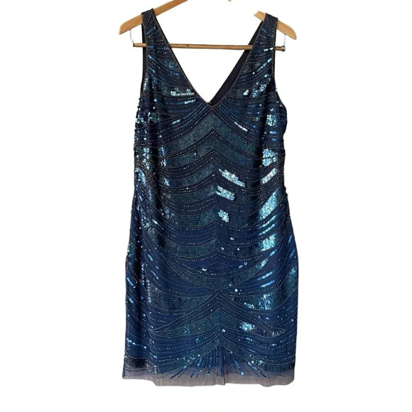 Patra Dresses & Skirts - Vintage 90s Patra Sequin Blue Dress V-Neck Sheath Formal Cocktail Size 16